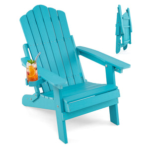 Outdoor Folding Adirondack Chair with Cup Holder and 5-Level Backrest-Turquoise