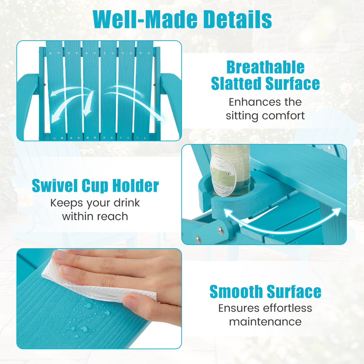 Outdoor Folding Adirondack Chair with Cup Holder and 5-Level Backrest-Turquoise