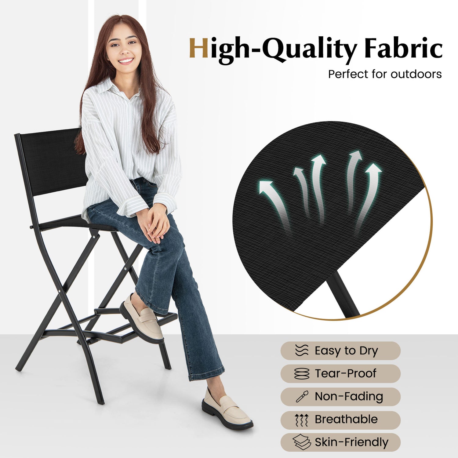 Outdoor Folding Bar Height Stool Set of 4 with Metal Frame and Footrest-Black