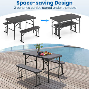 Outdoor Folding Table Bench Set w All-Weather HDPE Tabletop and Sturdy Metal Frame-Black