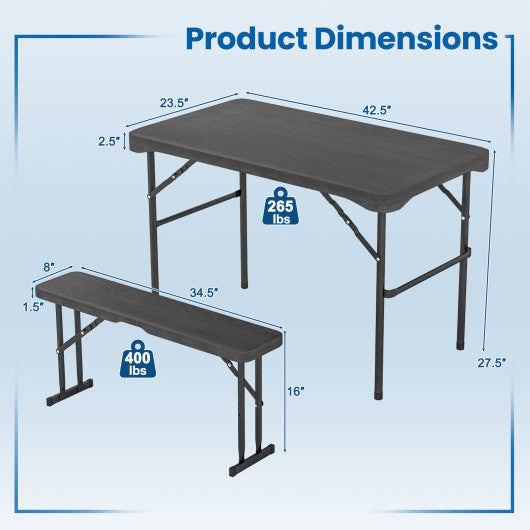 Outdoor Folding Table Bench Set w All-Weather HDPE Tabletop and Sturdy Metal Frame-Black