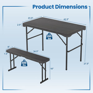 Outdoor Folding Table Bench Set w All-Weather HDPE Tabletop and Sturdy Metal Frame-Black