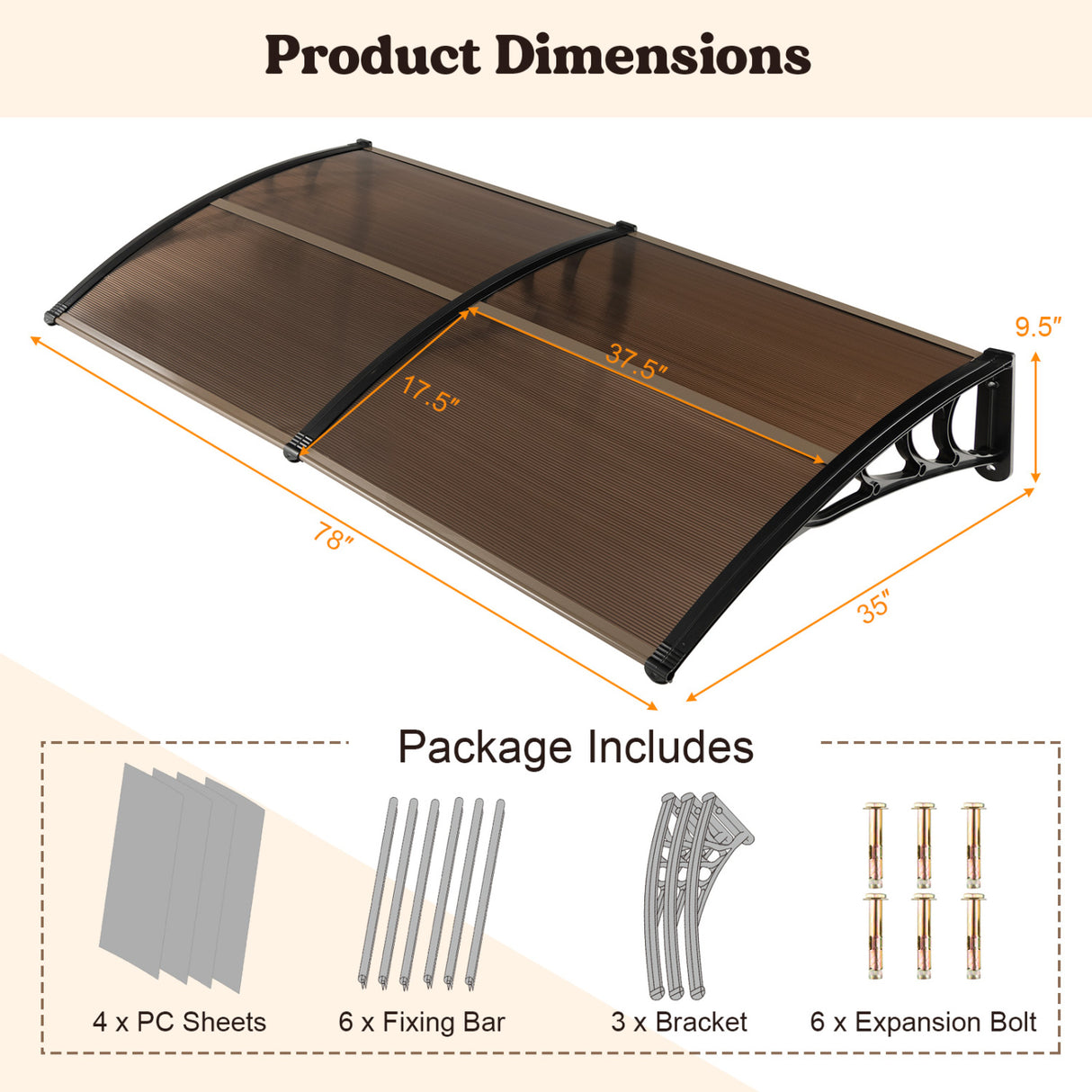 Outdoor Front Door Patio Overhang Awning for Sunlight Rain Snow Wind Protection-78 x 35 Inch