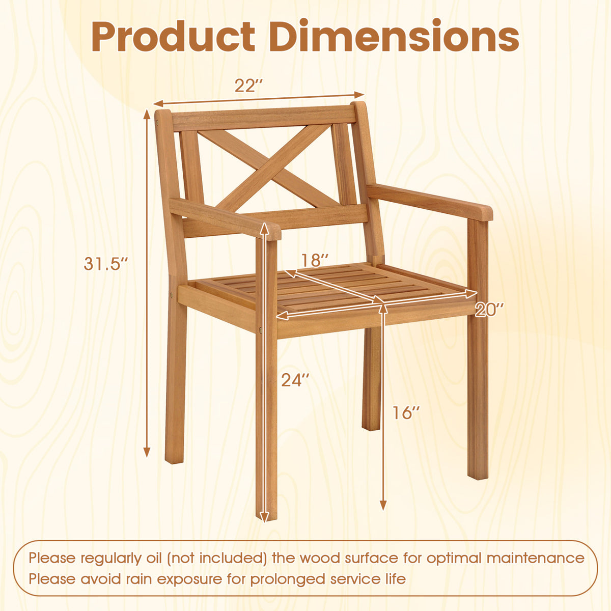 Outdoor Garden Acacia Wood Patio Dining Chairs for Porch-Set of 4
