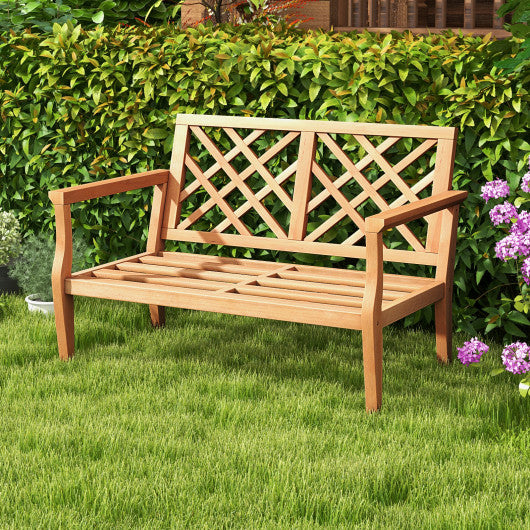 Outdoor Garden Bench 2-Person Teak Wood Bench with Comfy Armrests and Backrest