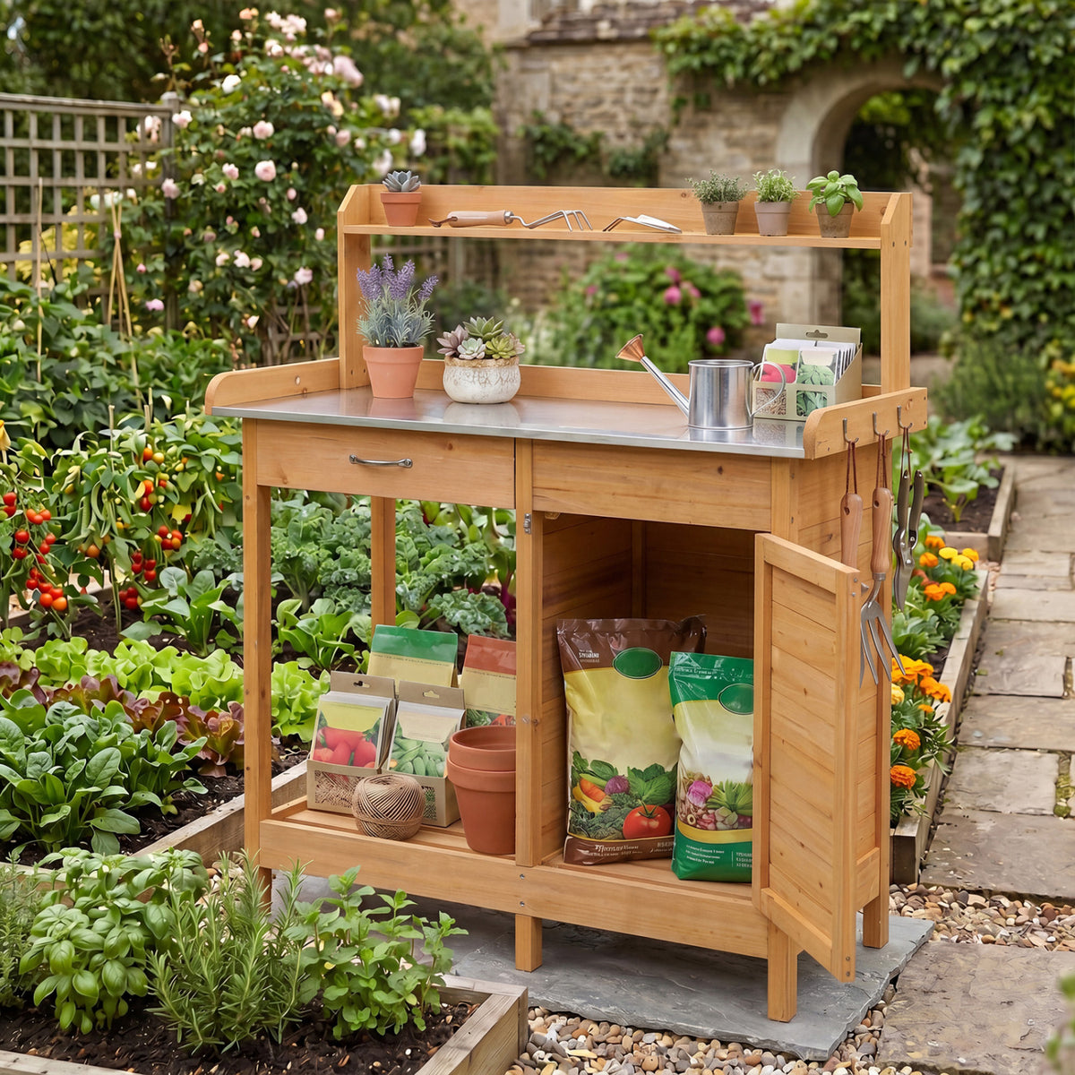 Outdoor Garden Wooden Work Station Potting Bench