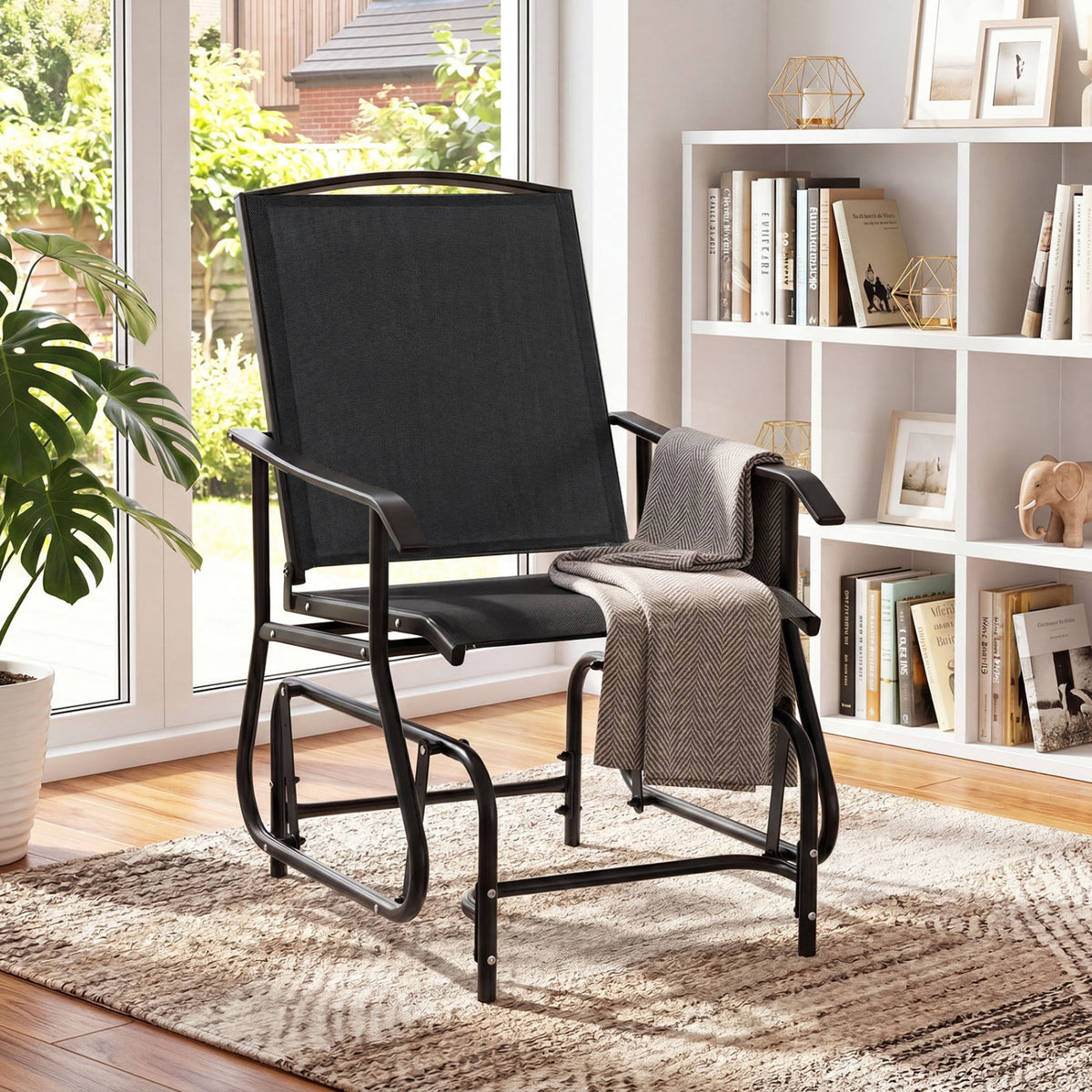 Outdoor Glider Chair with Metal Frame and Armrests-Black
