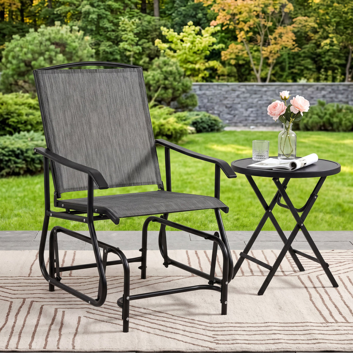 Outdoor Glider Chair with Metal Frame and Armrests-Gray