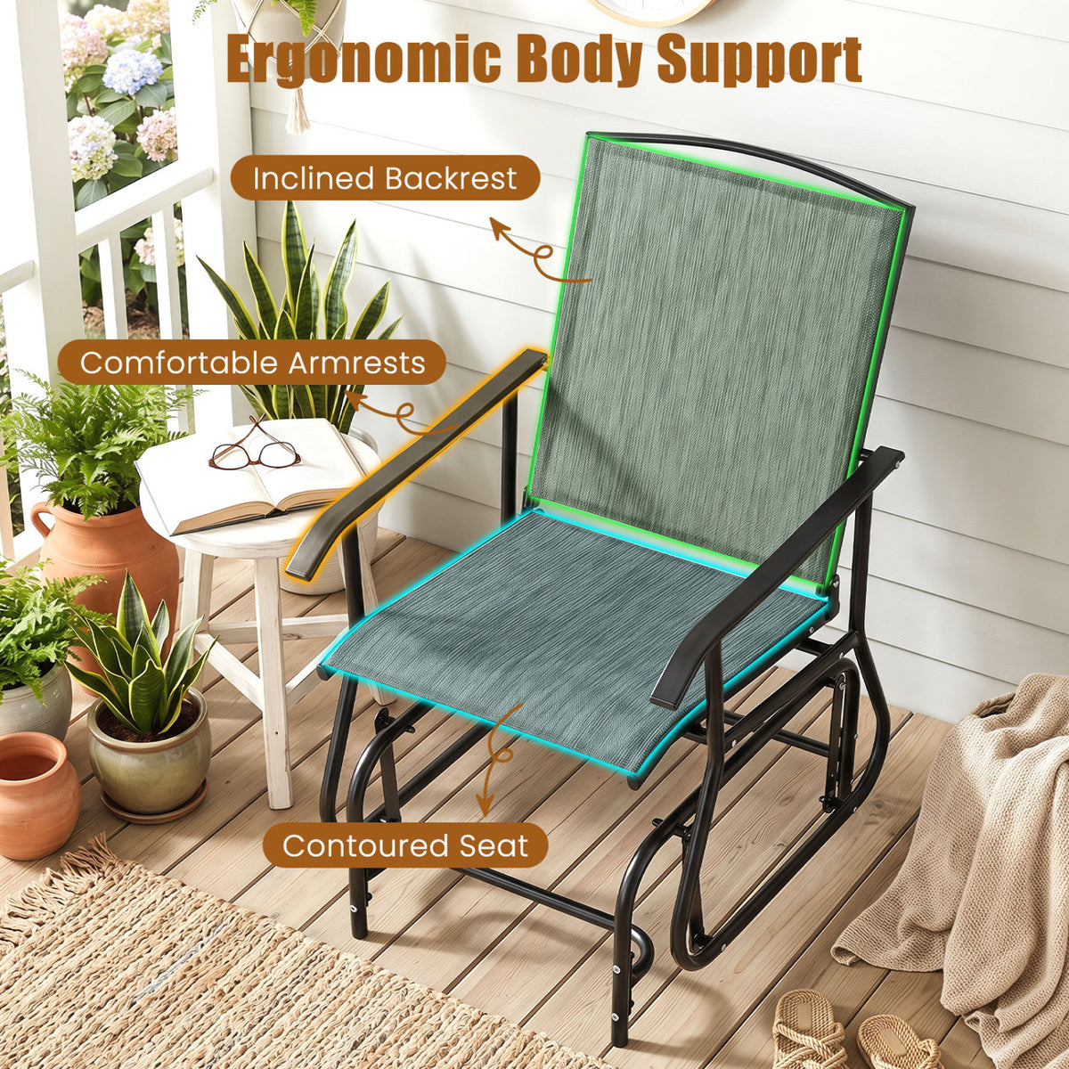 Outdoor Glider Chair with Metal Frame and Armrests-Gray