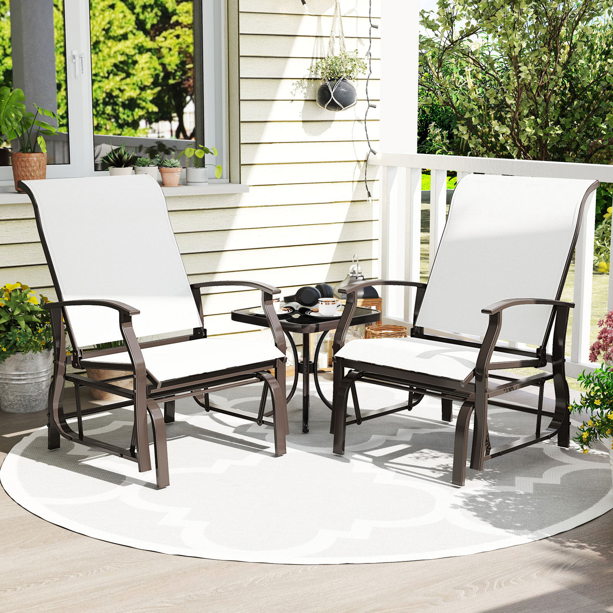 Outdoor Glider Chairs Set of 2 with Ergonomic Backrest and Seat-Beige