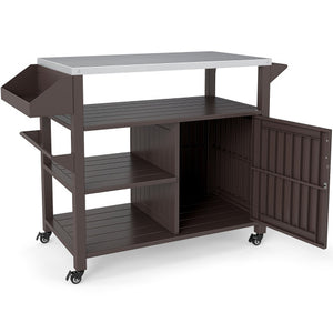 Outdoor Grill Cart with Storage Cabinet Shelves and Stainless Steel Top-Brown