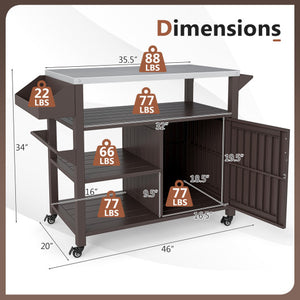 Outdoor Grill Cart with Storage Cabinet Shelves and Stainless Steel Top-Brown