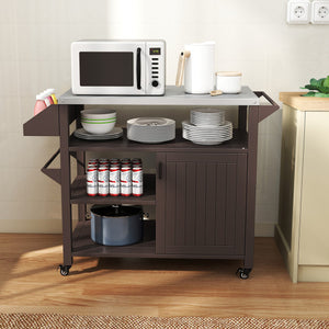 Outdoor Grill Cart with Storage Cabinet Shelves and Stainless Steel Top-Brown