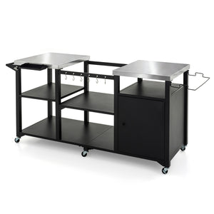 Outdoor Grill Cart with Cabinet Stainless Steel Tabletop and Hooks-Black