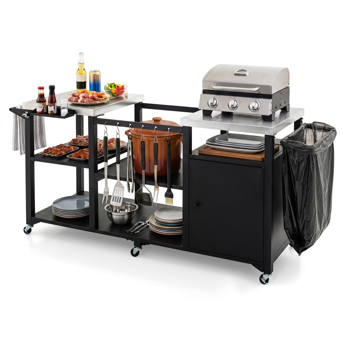 Outdoor Grill Cart with Cabinet Stainless Steel Tabletop and Hooks-Black