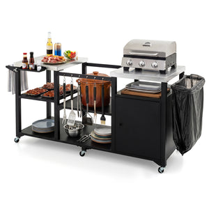 Outdoor Grill Cart with Cabinet Stainless Steel Tabletop and Hooks-Black