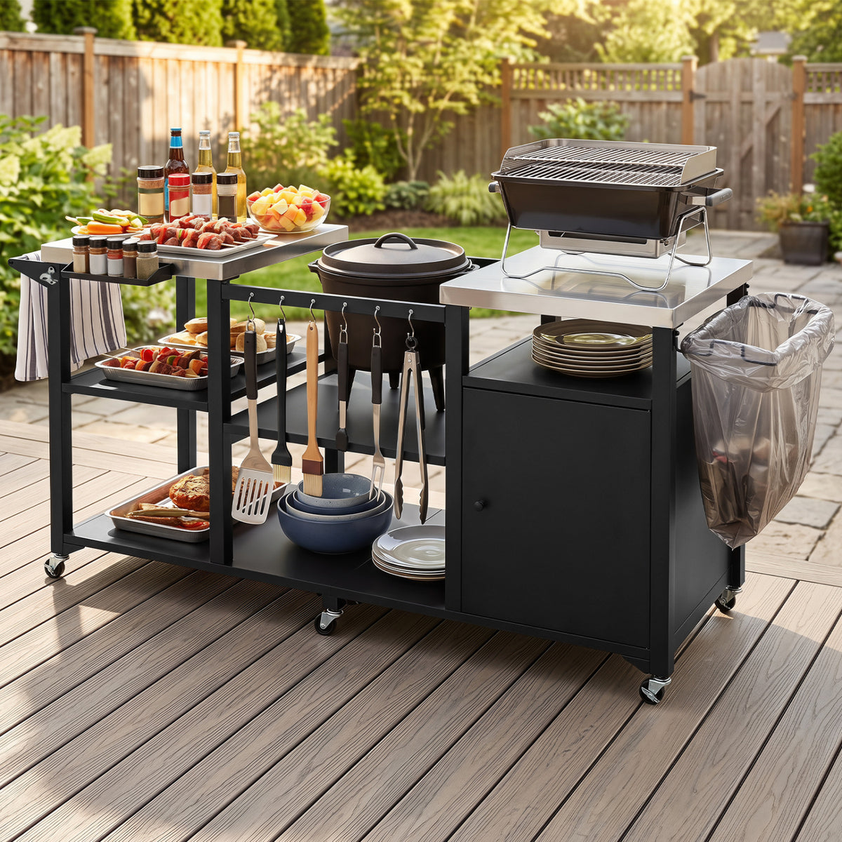 Outdoor Grill Cart with Cabinet Stainless Steel Tabletop and Hooks-Black