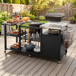 Outdoor Grill Cart with Cabinet Stainless Steel Tabletop and Hooks-Black