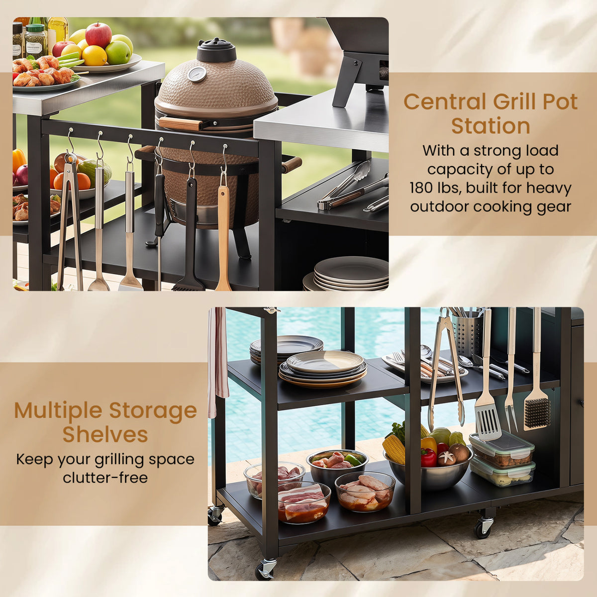 Outdoor Grill Cart with Cabinet Stainless Steel Tabletop and Hooks-Black