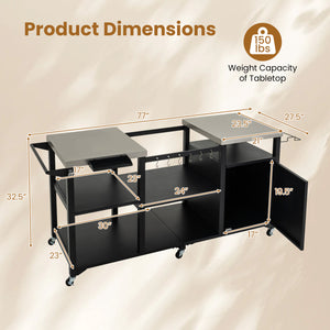 Outdoor Grill Cart with Cabinet Stainless Steel Tabletop and Hooks-Black