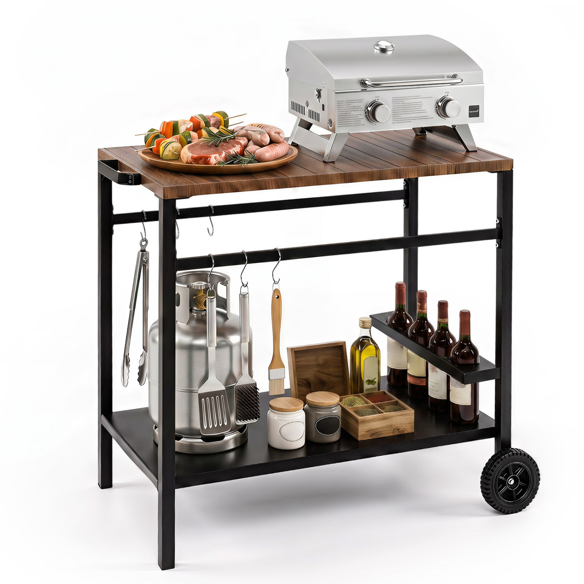 Outdoor Grill Cart with Spice Rack and Hooks for Patio and Garden-Brown