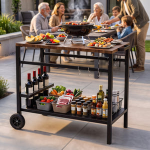 Outdoor Grill Cart with Spice Rack and Hooks for Patio and Garden-Brown