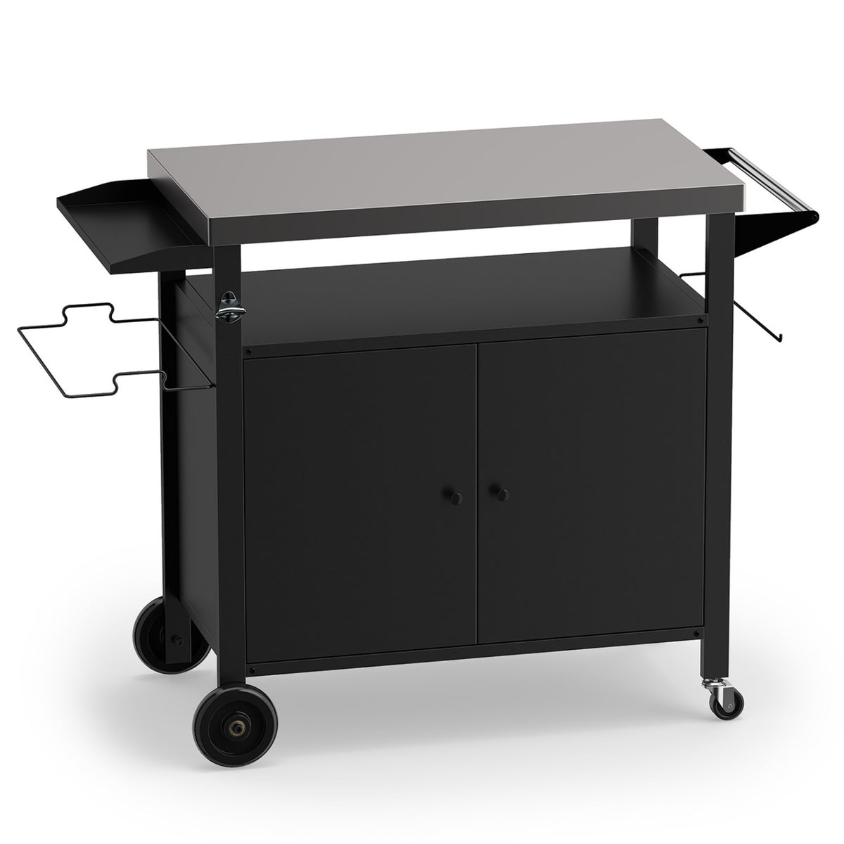Outdoor Grill Cart with Stainless Steel Top & 2-Door Cabinet for BBQ Camping-Black