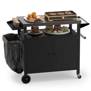 Outdoor Grill Cart with Stainless Steel Top & 2-Door Cabinet for BBQ Camping-Black