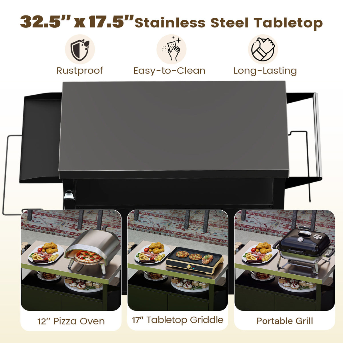 Outdoor Grill Cart with Stainless Steel Top & 2-Door Cabinet for BBQ Camping-Black