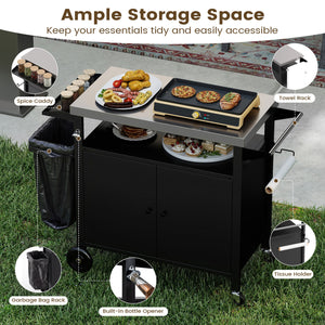 Outdoor Grill Cart with Stainless Steel Top & 2-Door Cabinet for BBQ Camping-Black