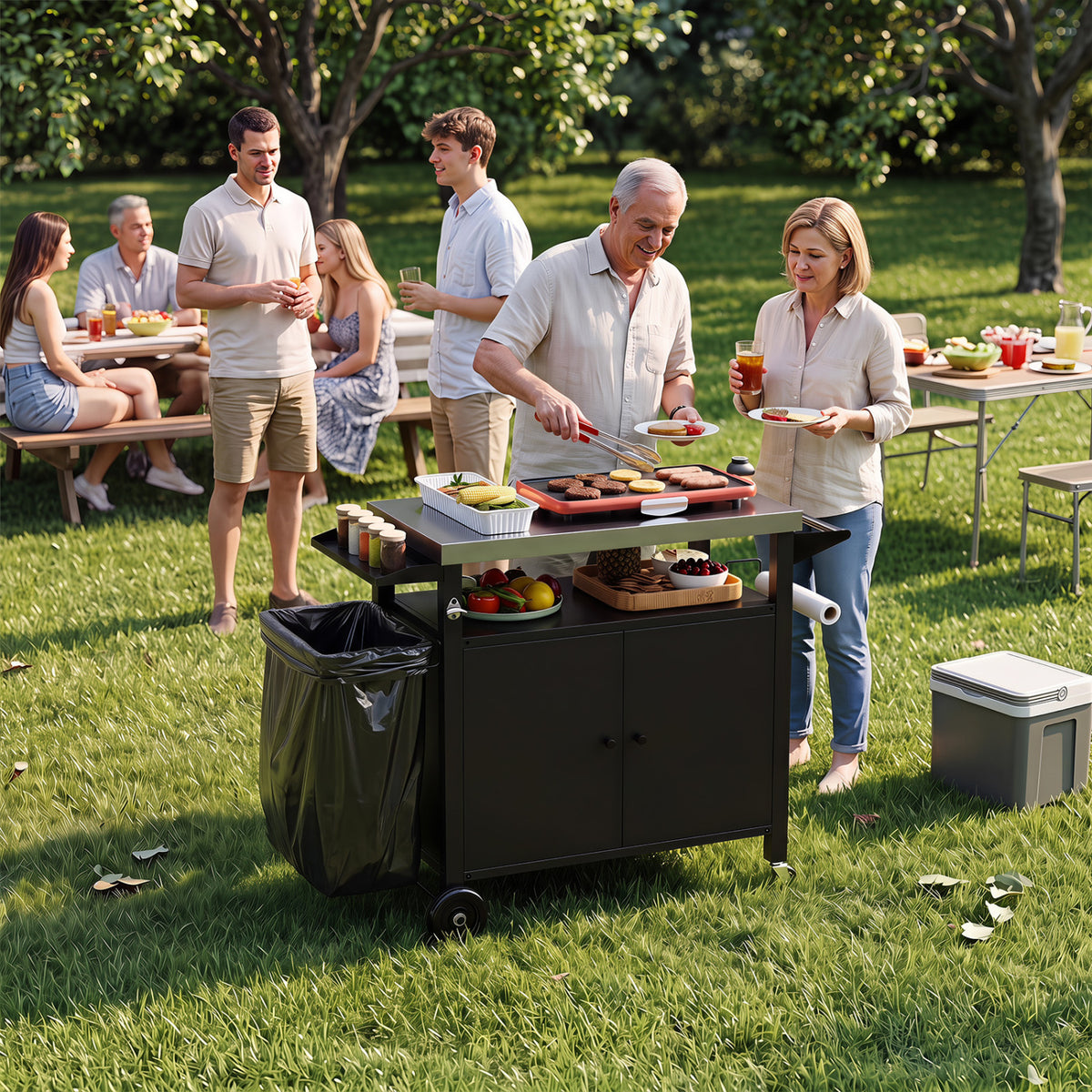 Outdoor Grill Cart with Stainless Steel Top & 2-Door Cabinet for BBQ Camping-Black