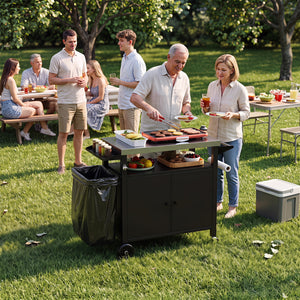Outdoor Grill Cart with Stainless Steel Top & 2-Door Cabinet for BBQ Camping-Black