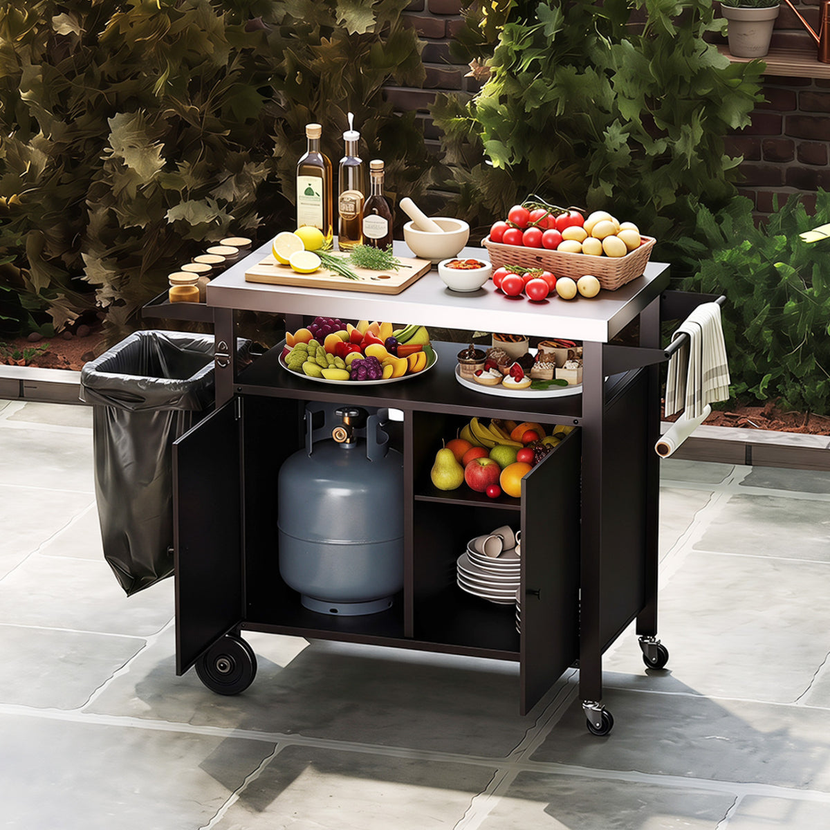 Outdoor Grill Cart with Stainless Steel Top & 2-Door Cabinet for BBQ Camping-Black