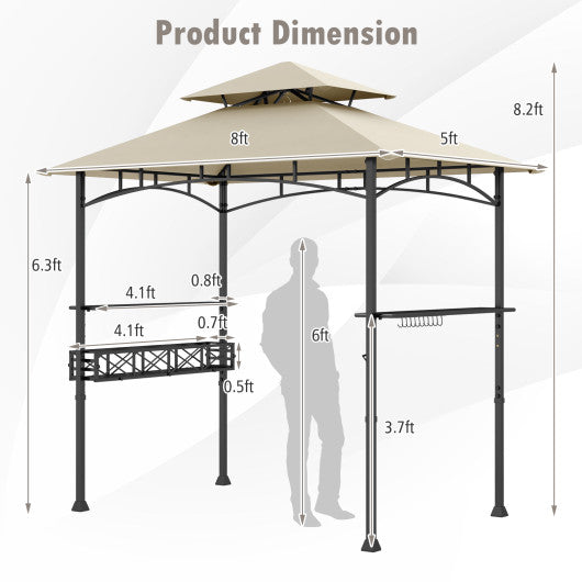 8 x 5 Feet Outdoor Grill Gazebo with 2 Side Shelves and 10 Hooks-Beige