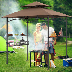8 x 5 Feet Outdoor Grill Gazebo with 2 Side Shelves and 10 Hooks-Brown