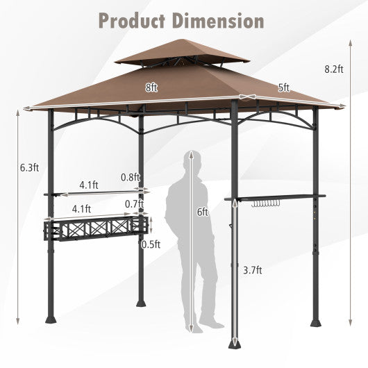 8 x 5 Feet Outdoor Grill Gazebo with 2 Side Shelves and 10 Hooks-Brown