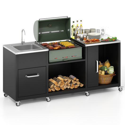 Outdoor Grill Table with Sink and Drainage Heavy Duty Metal Grill Cart-Black