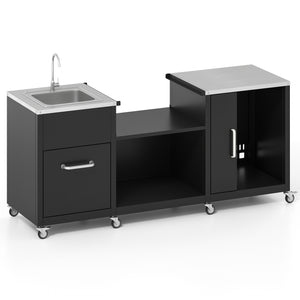 Outdoor Grill Table with Sink and Drainage Heavy Duty Metal Grill Cart-Black