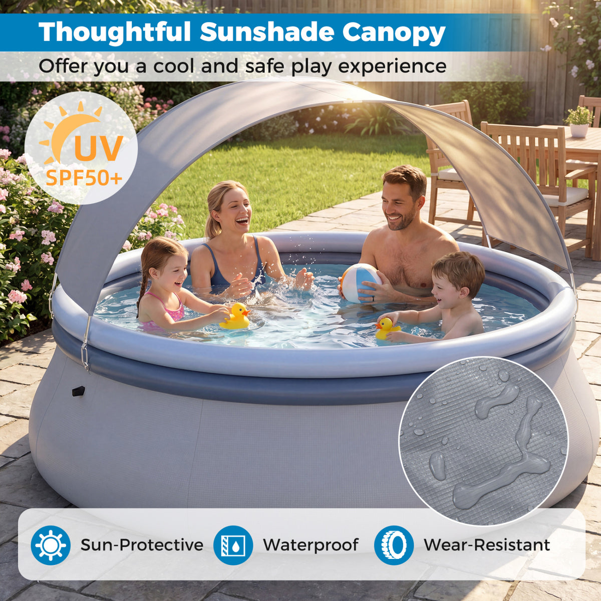 Outdoor Inflatable Pool with Sunshade Canopy-S