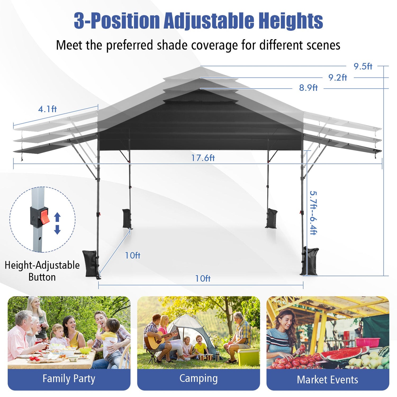 10 x 17.6 Feet Outdoor Instant Pop-up Canopy Tent with Dual Half Awnings-Black by DirectDeals