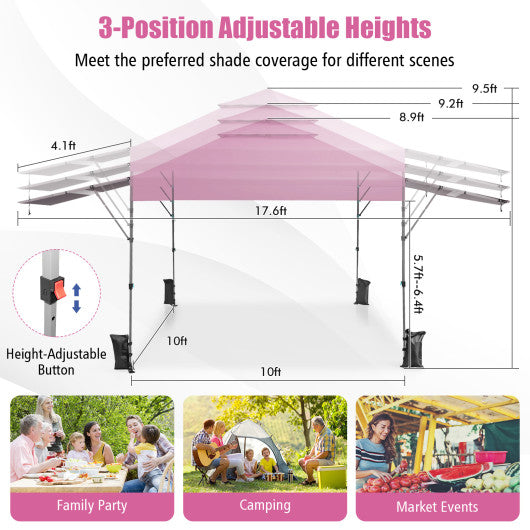 10 x 17.6 Feet Outdoor Instant Pop-up Canopy Tent with Dual Half Awnings-Pink