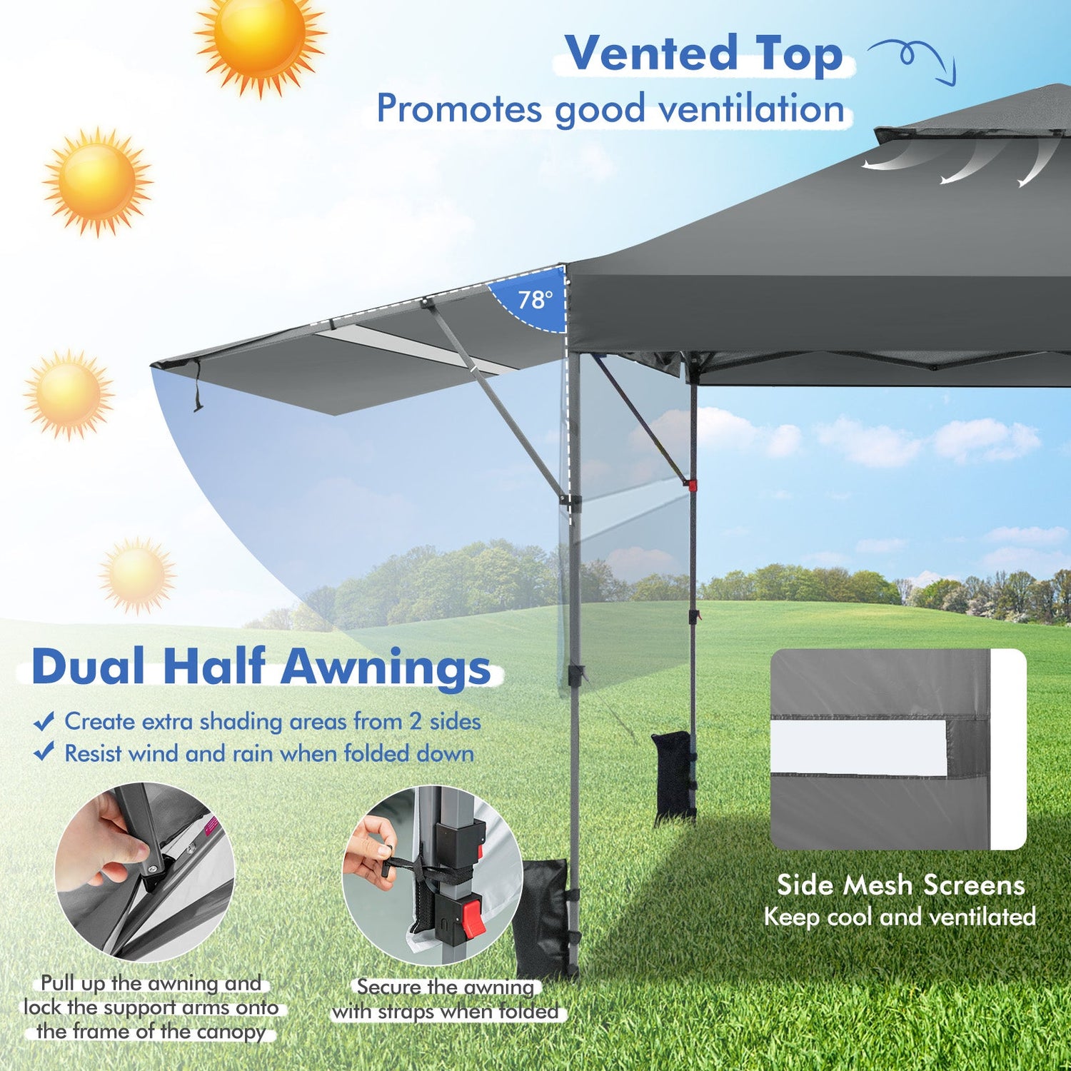 10 x 17.6 Feet Outdoor Instant Pop-up Canopy Tent with Dual Half Awnings-Gray by DirectDeals