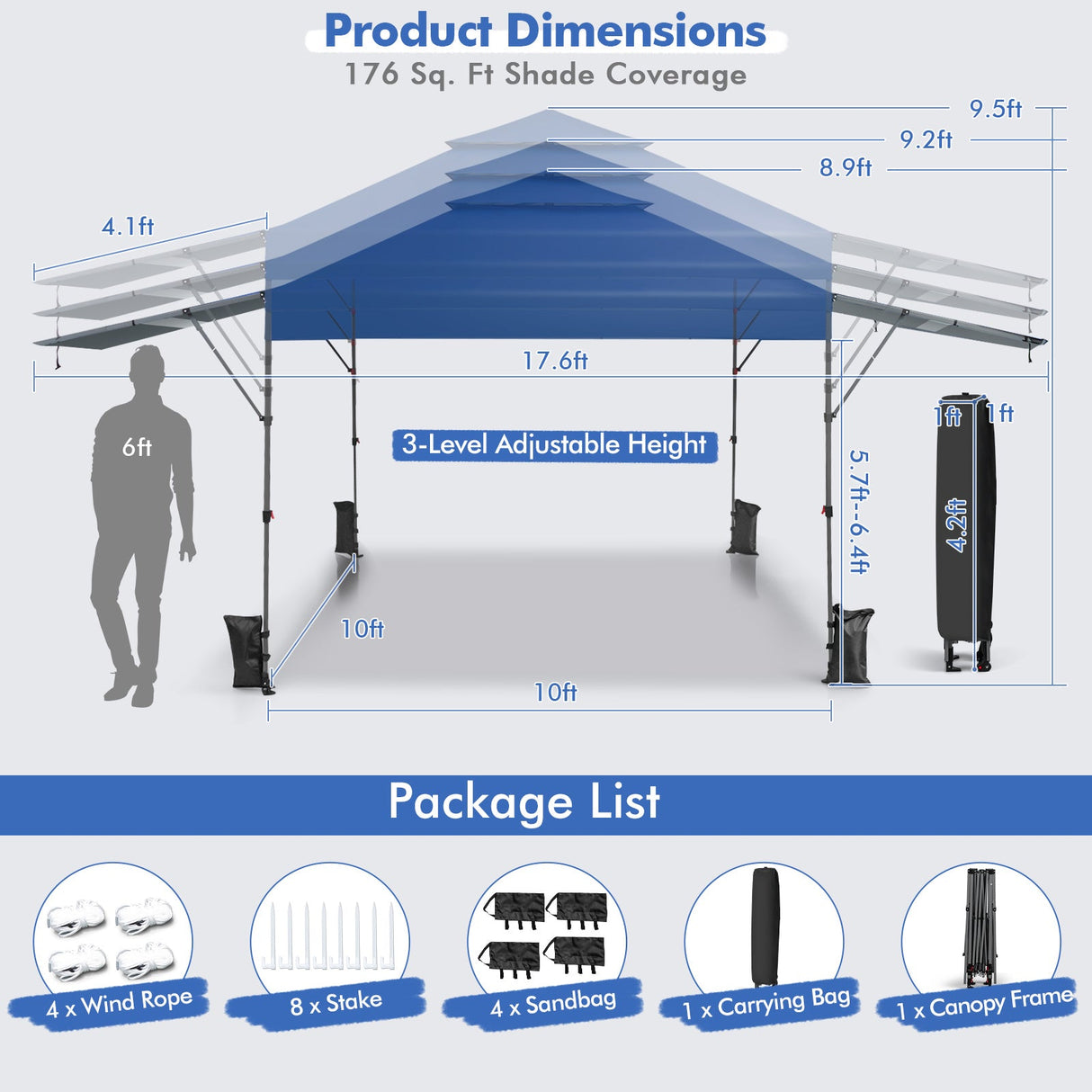 10 x 17.6 Feet Outdoor Instant Pop-up Canopy Tent with Dual Half Awnings-Blue by DirectDeals