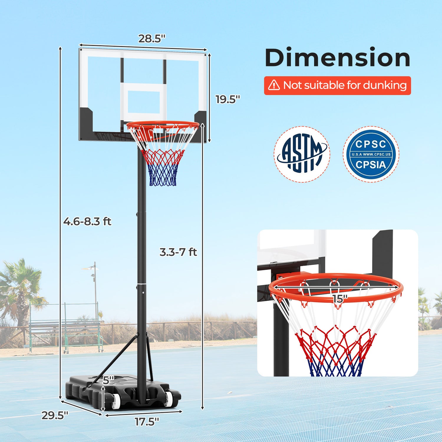 3.3-7 Feet Portable Adjustable Outdoor Kids Basketball Hoop Goal System-White