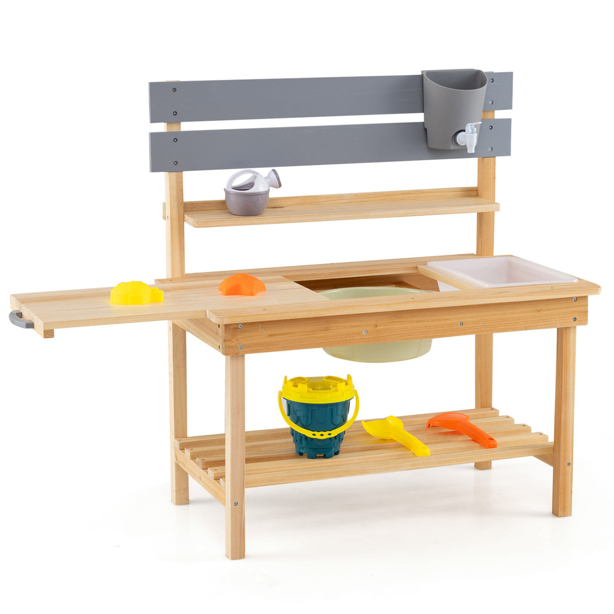 Outdoor Kids Mud Kitchen with Extended Tabletop and Water Tank-Natural