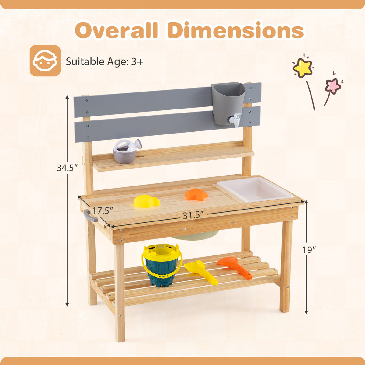 Outdoor Kids Mud Kitchen with Extended Tabletop and Water Tank-Natural