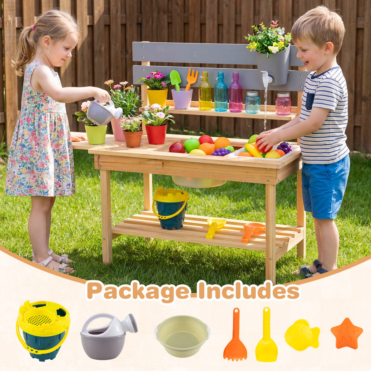 Outdoor Kids Mud Kitchen with Extended Tabletop and Water Tank-Natural