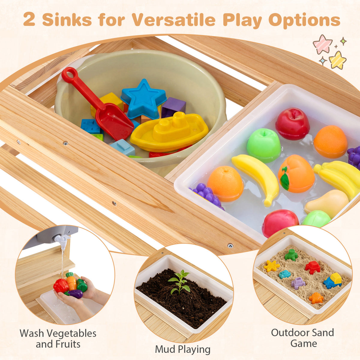Outdoor Kids Mud Kitchen with Extended Tabletop and Water Tank-Natural