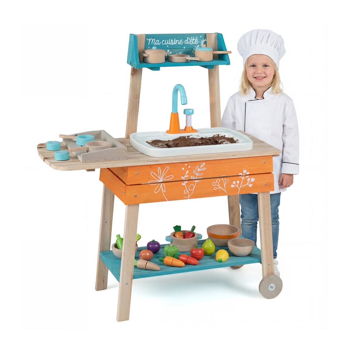 Outdoor Kids Play Kitchen Set Wooden Toy Kitchen Playset with Removable Sink-Orange