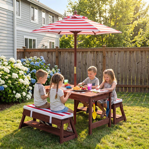 Outdoor Kids Wooden Picnic Table and Benches Set with Umbrella-Red